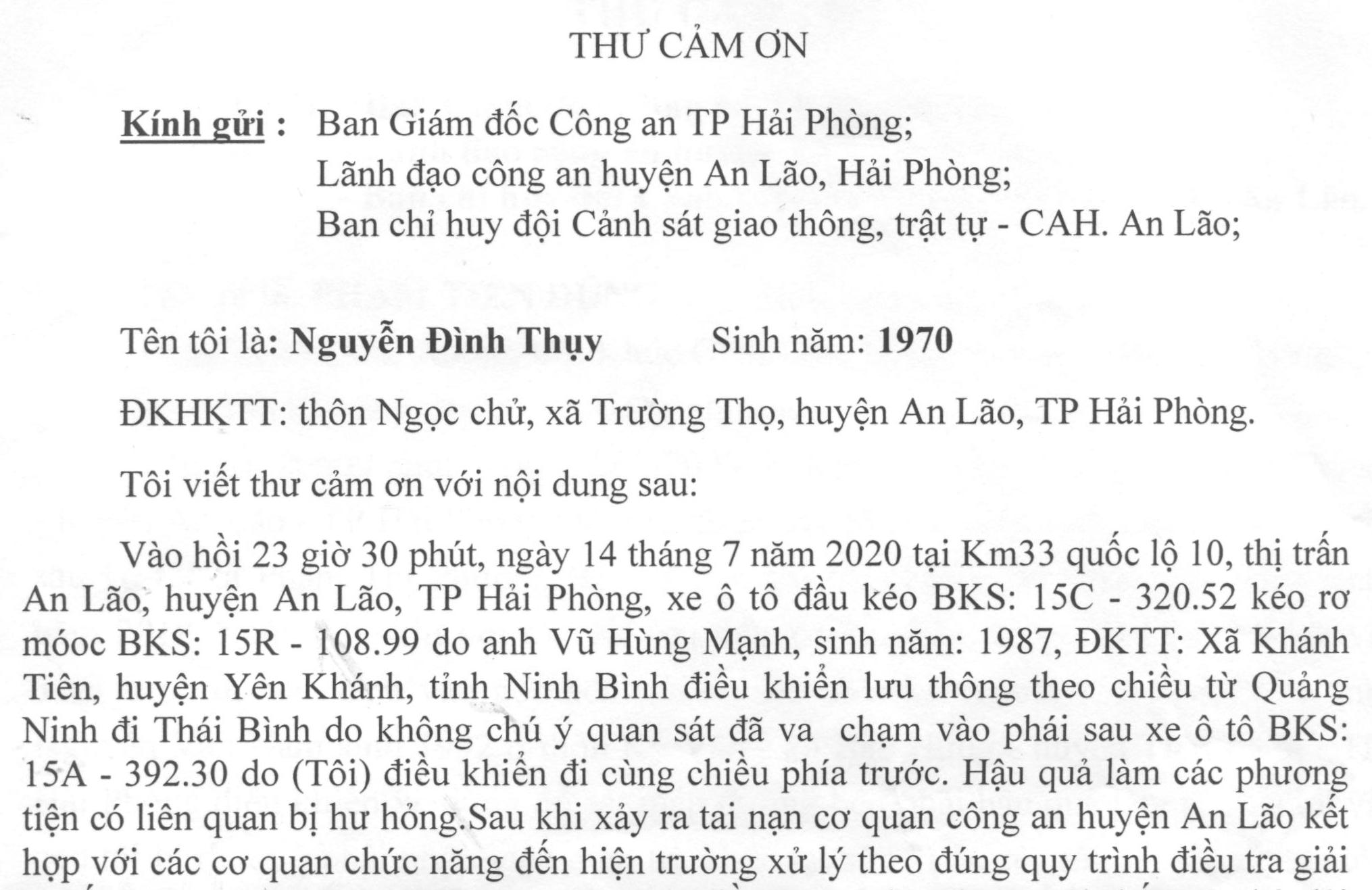 Ông Nguyễn Đình Thụy gửi thư cảm ơn CATP và Công an huyện An Lão